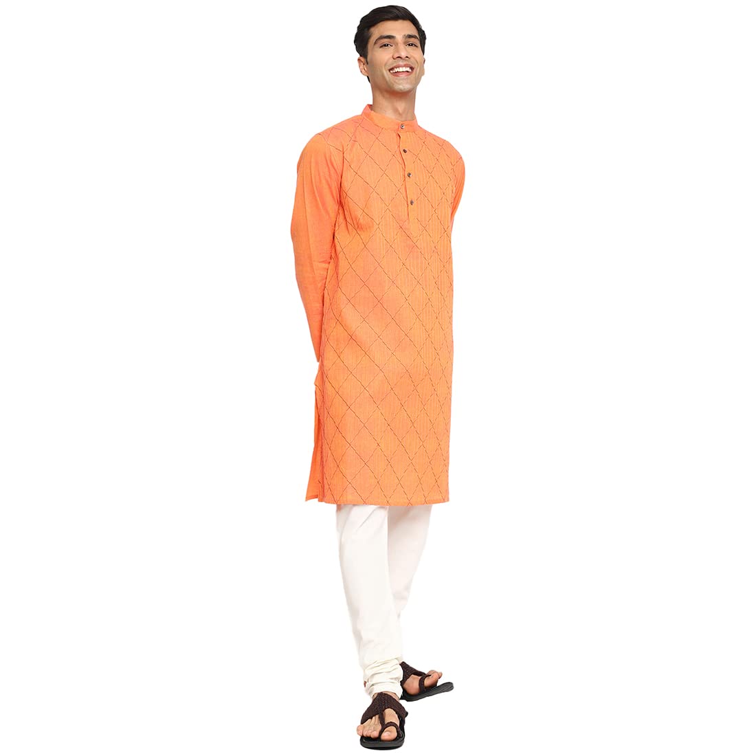Fabindia MenS Cotton Pintucks Relaxed Kurta (102885402_Orange