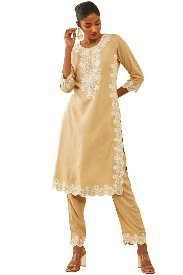 Soch Women Rayon Slub Floral Embroidered Kurta Set with Sequins
