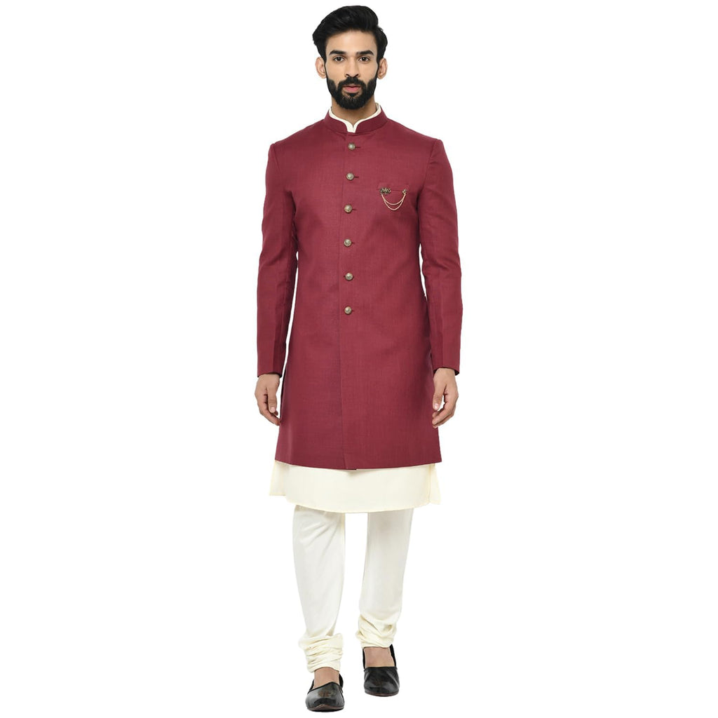 Kisah Men Maroon Solid Kurta Indo-Western Sherwani Set Indo-Western, Full Sleaves, Knee Length, Straight, Regular Fit, Mandarin 