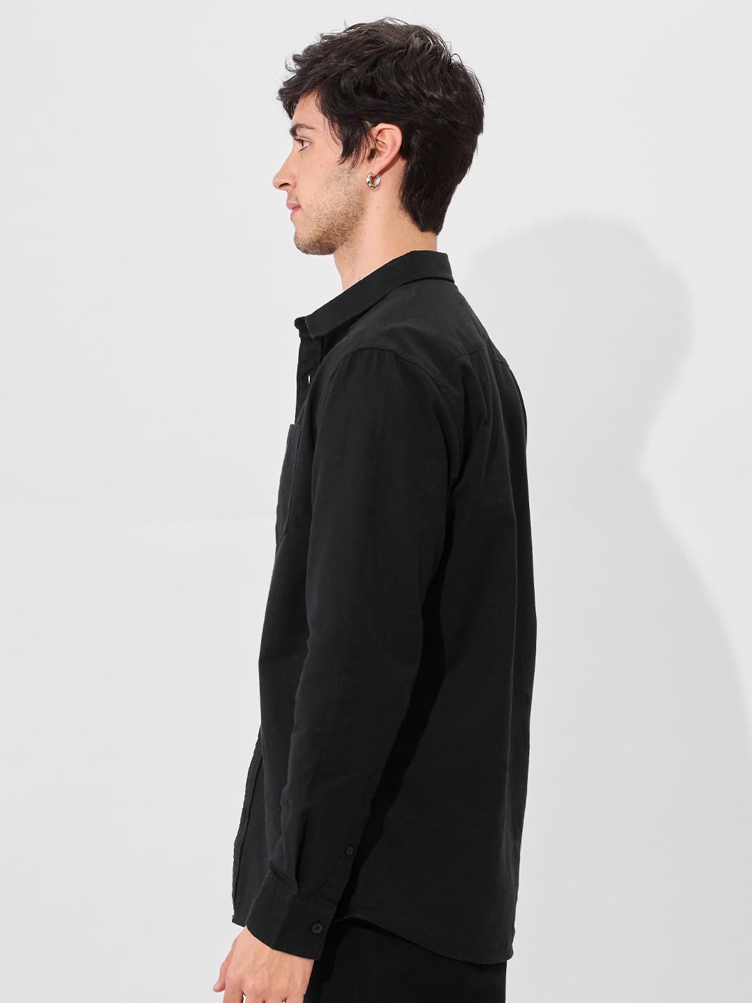 The Souled Store Solids: Midnight Black Men and Boys Collared Neck Long Sleeve Cotton Linen Shirts Solid Shirts Casual Button-Do