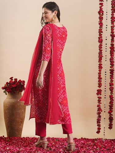 ANNI DESIGNER Womens Rayon Blend Straight Bandhej Printed Kurta with Pant & Dupatta (TURAE RANI-VKS04_M_Pink_Medium)
