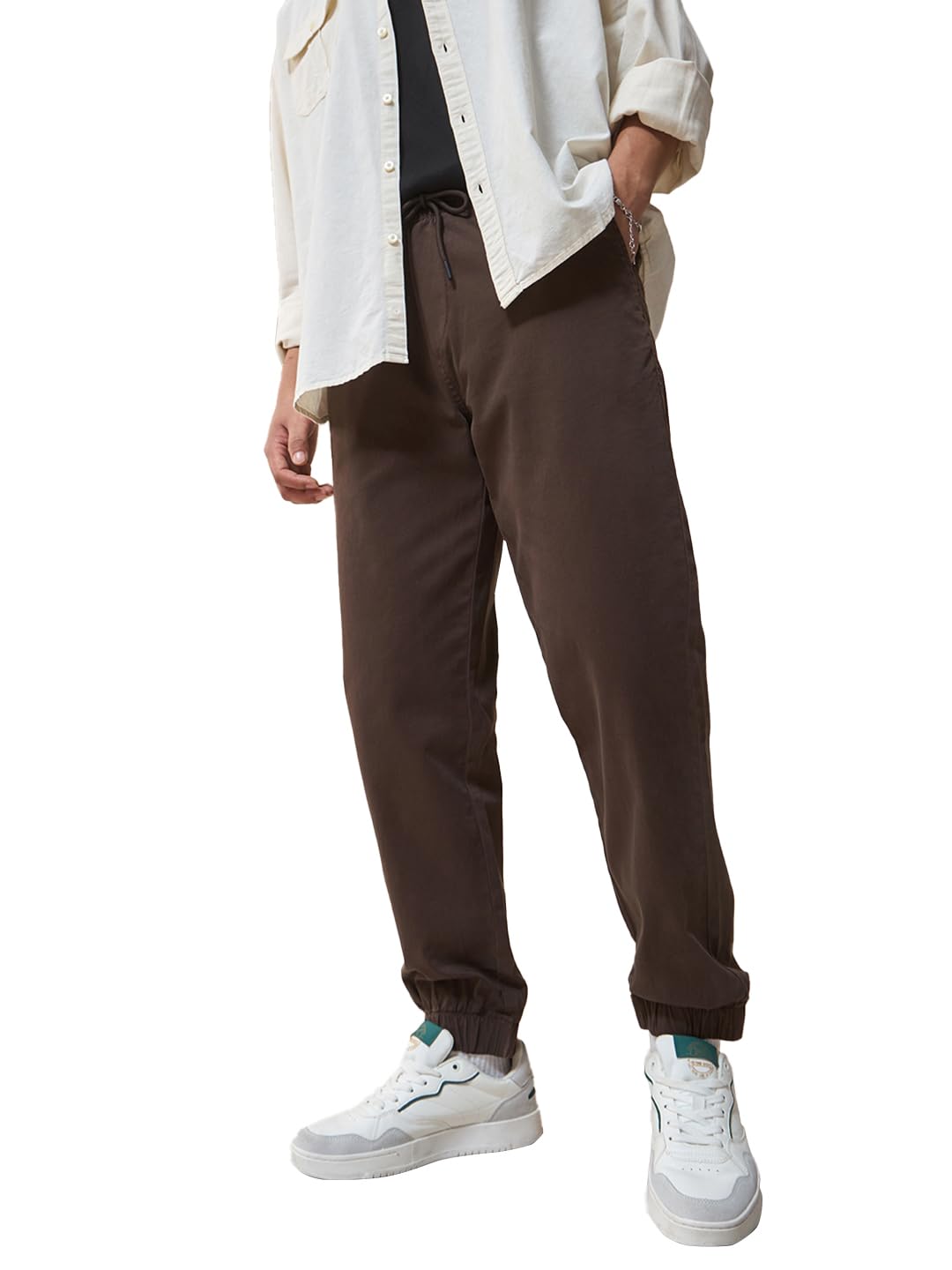 Bewakoof Mens Solid Regular Fit Cotton Blend Joggers_ 617413_ Brown_ 34