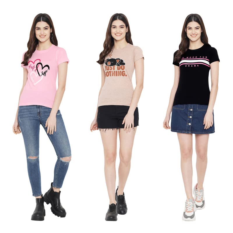 Preneum Womens Cotton Regular Fit Latest Graphic Stylish Printed Short Sleeves Casual T-Shirt || Trend & Style (Pack 3), Pink &