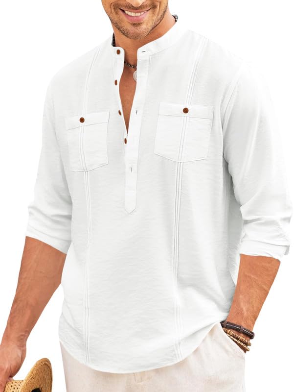 Macsivo Cotton Blend Solid Casual Short Kurta For Men Long Sleeve Mandarin Collar Stylish Shirt Kurta For Men White