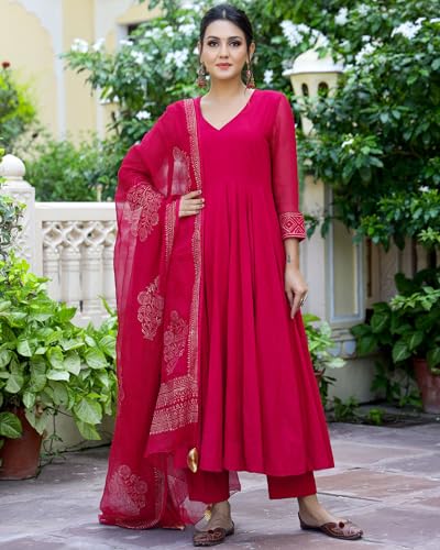 ANNI DESIGNER Womens Rayon Blend Solid Anarkali Kurta with Pant & Dupatta (Magic-Pink_L_Pink_Large)