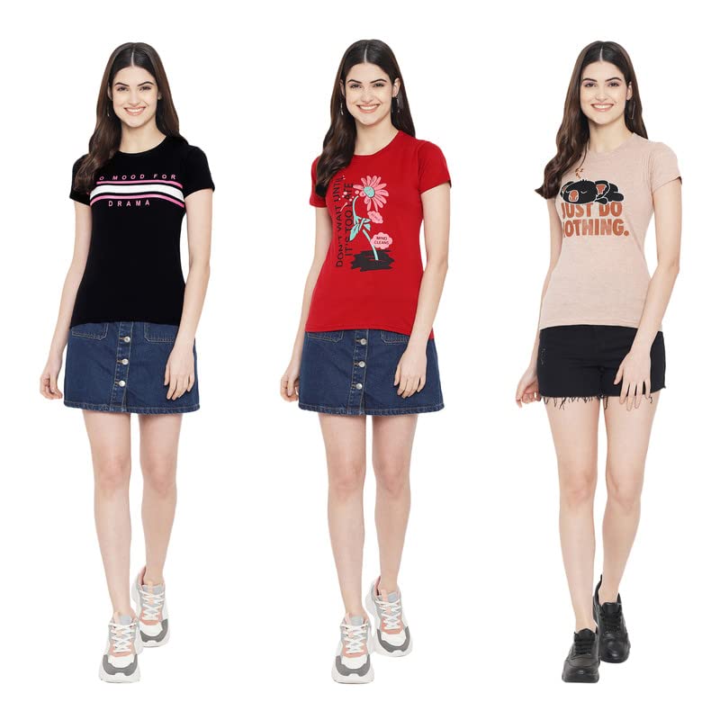 Preneum Womens Cotton Regular Fit Latest Graphic Stylish Printed Short Sleeves Casual T-Shirt || Latest Trending Style (Pack 3)