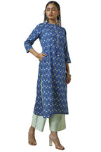 Soch Womens Blue Rayon Floral Print Kurta With Faux Mirror