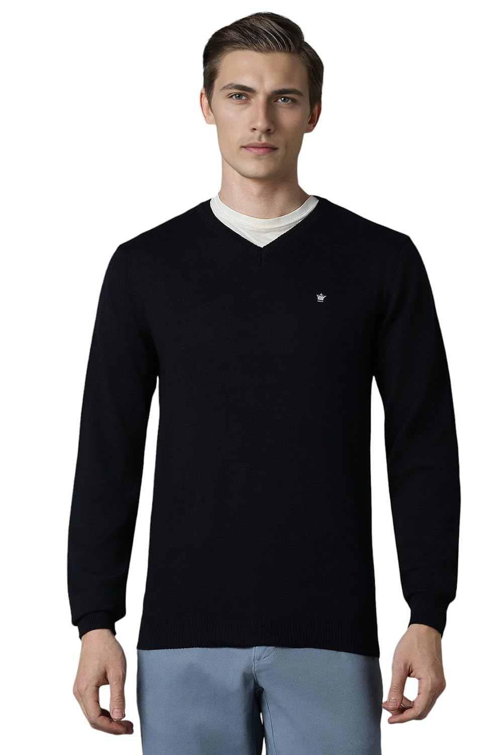 Louis Philippe Men Navy Solid V Neck Full Sleeves Sweater