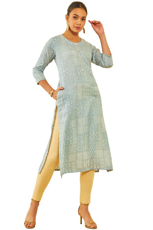 Soch Womens Grey Rayon Ethnic Motif Foil Printed Kurta With Gotta Patti