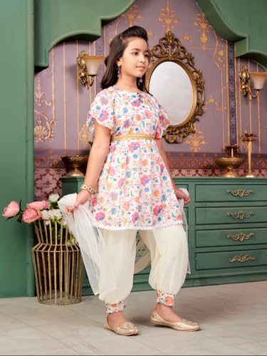 Aarika Girls Ethnic Wear Pink-Cream Colour Floral Print Silk Kurti Patiala Set (4-13 Years)
