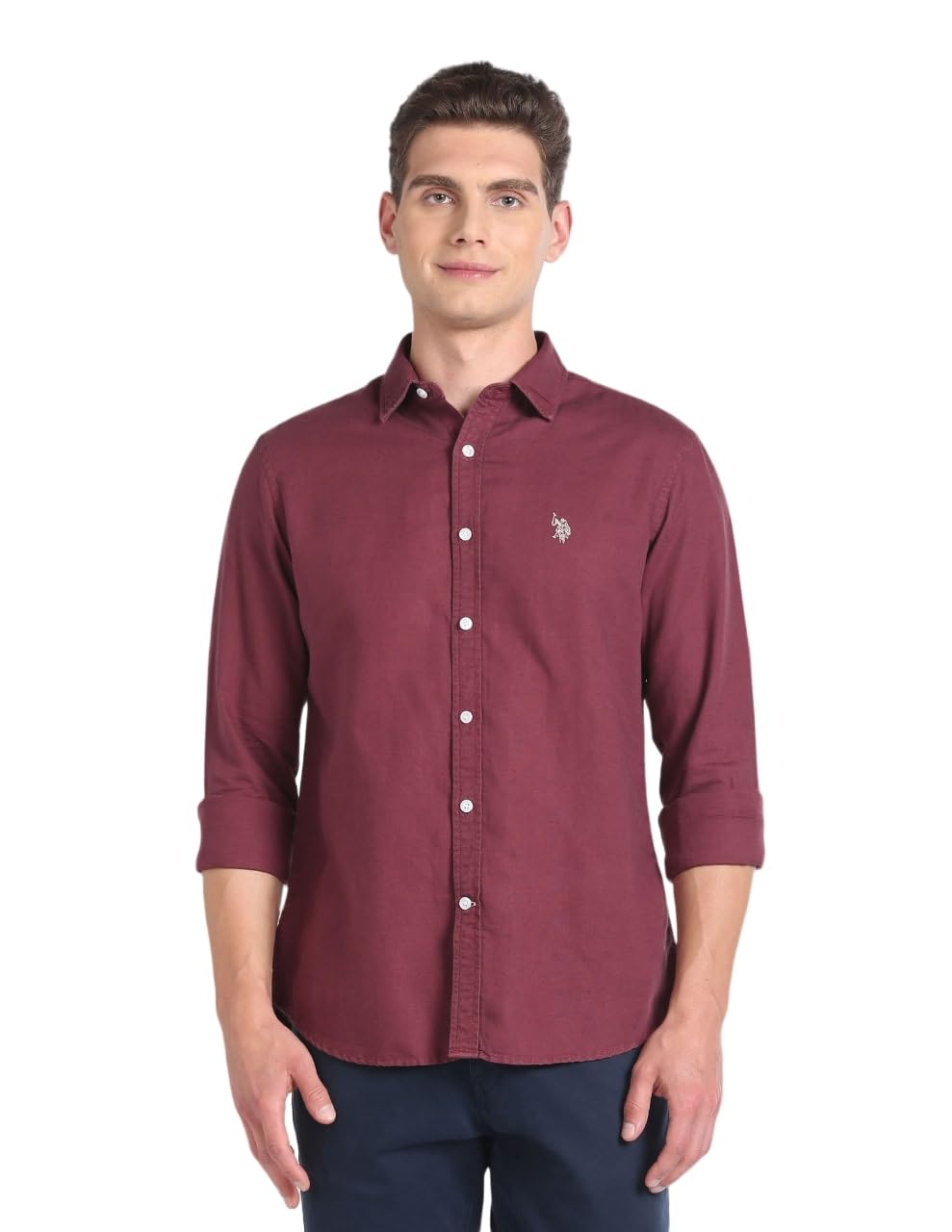 U.S. Polo Assn. MenS Regular Fit Solid Linen Casual Shirts (Usshto2482_Red_42) 42