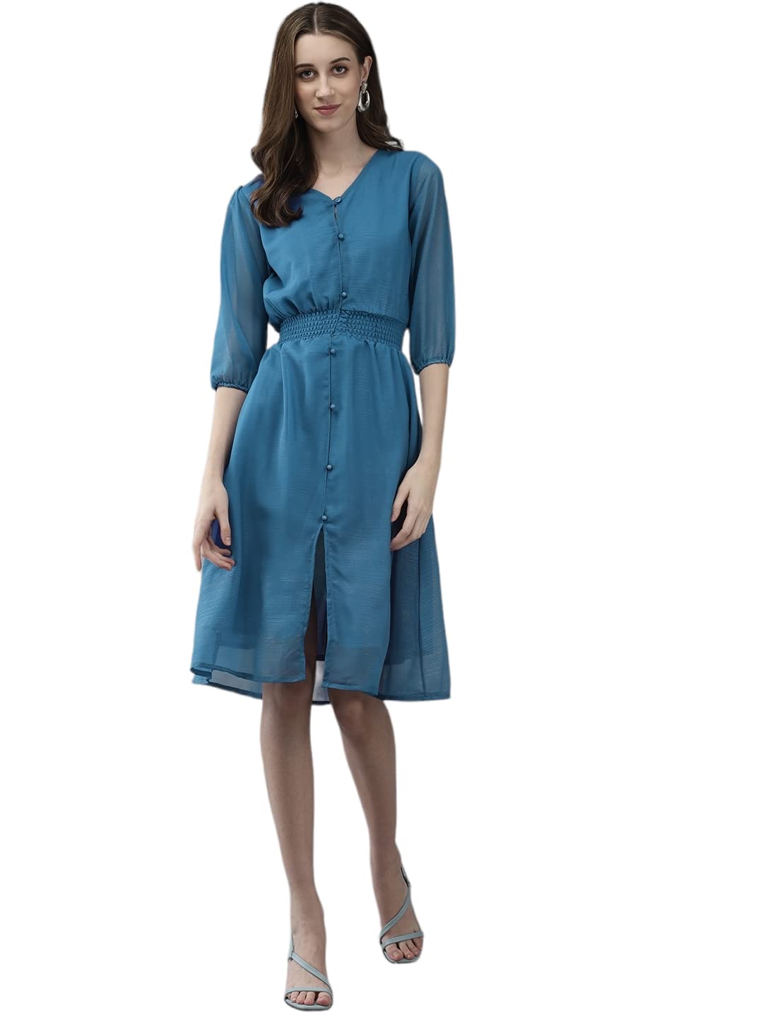 Aarika Womens Teal Color Georgette Solid Middi (DR-AW-017-BLUE-XXL)