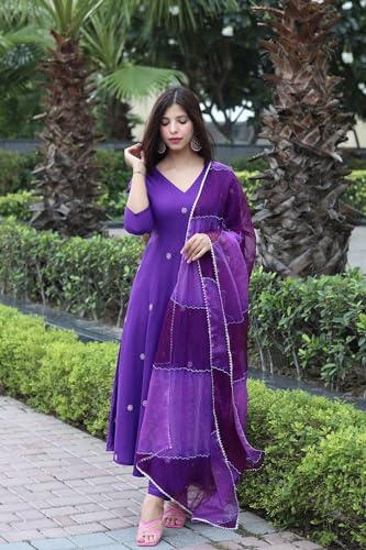 Anni Designer WomenS Cotton Blend Anarkali Embroidered Kurta With Pant & Dupatta (Gsk-Purple_S_Purple_Small)