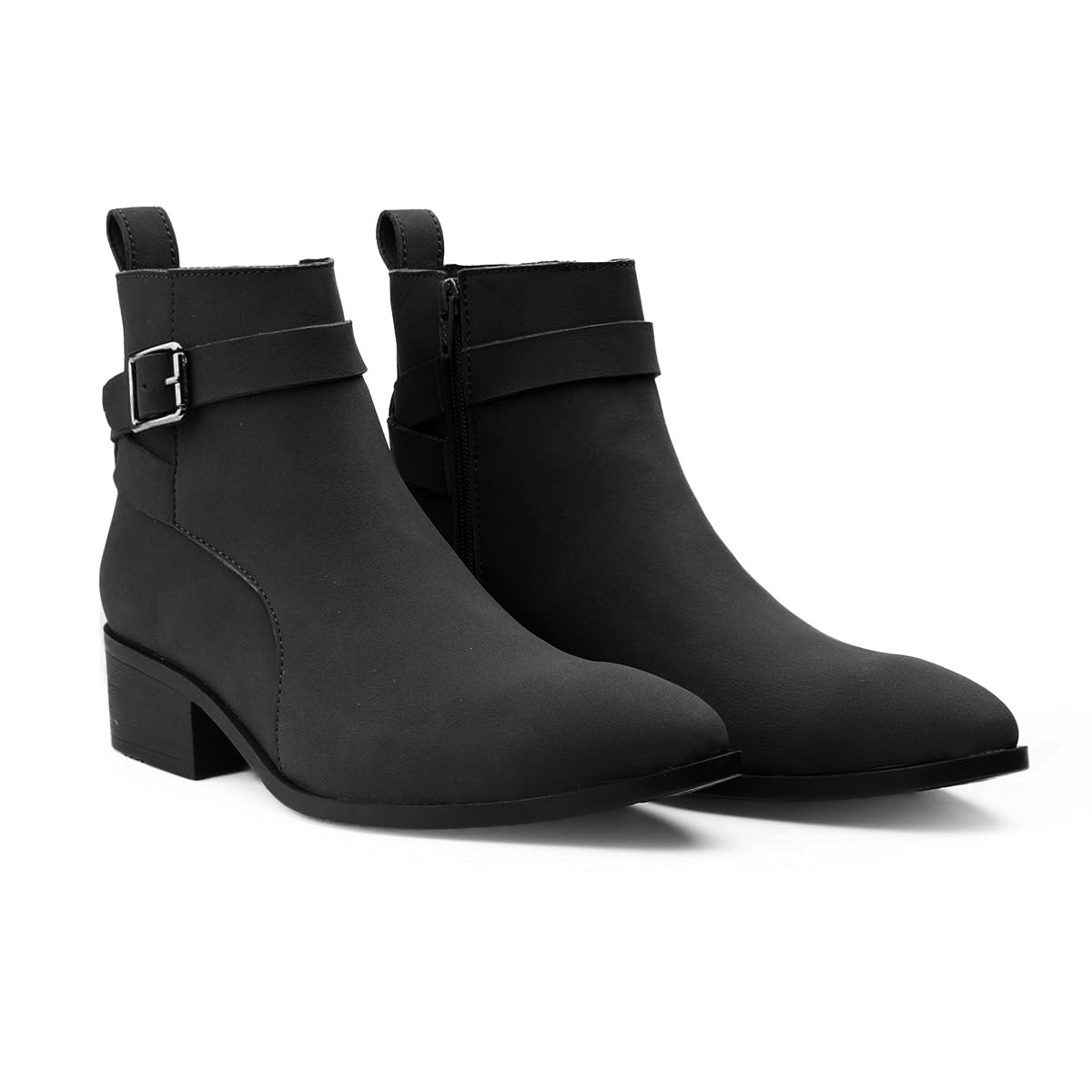 BXXY Mens 1.8 Inch (4.5cm) Block Heel Height Inceasing, Black Casual Formal Ankle Boot and Outdoor Boot with Buckle Straps. 6  6