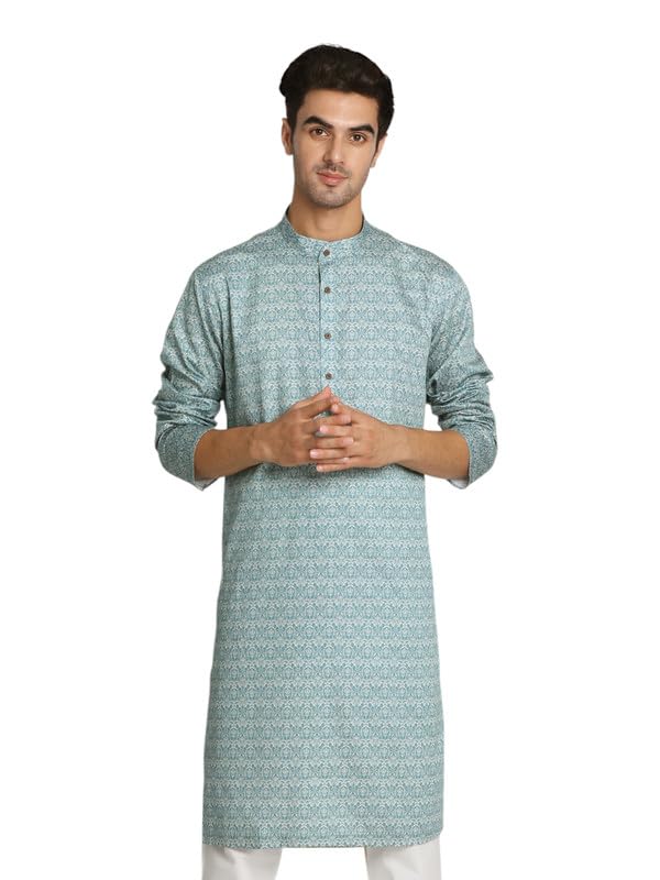 Manyavar MenS Kurta, Full Sleeves Printed Satin Blend Kurta For Men Black (Medium)