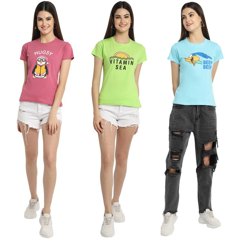 Preneum Womens Cotton Regular Fit Latest Graphic Stylish Printed Short Sleeves Casual T-Shirt || Latest Trendy & Styles (Pack 3