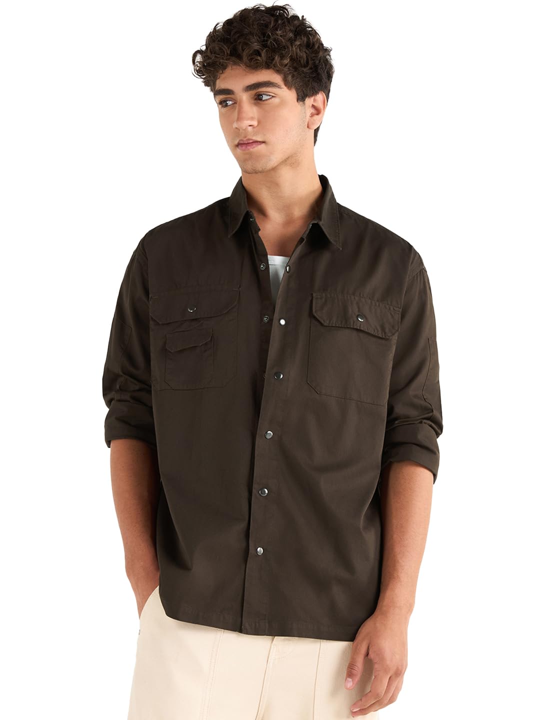 Bewakoof Mens Solid Oversized Fit Full Sleeve Collar Cotton Shirt_662523_Brown_XL