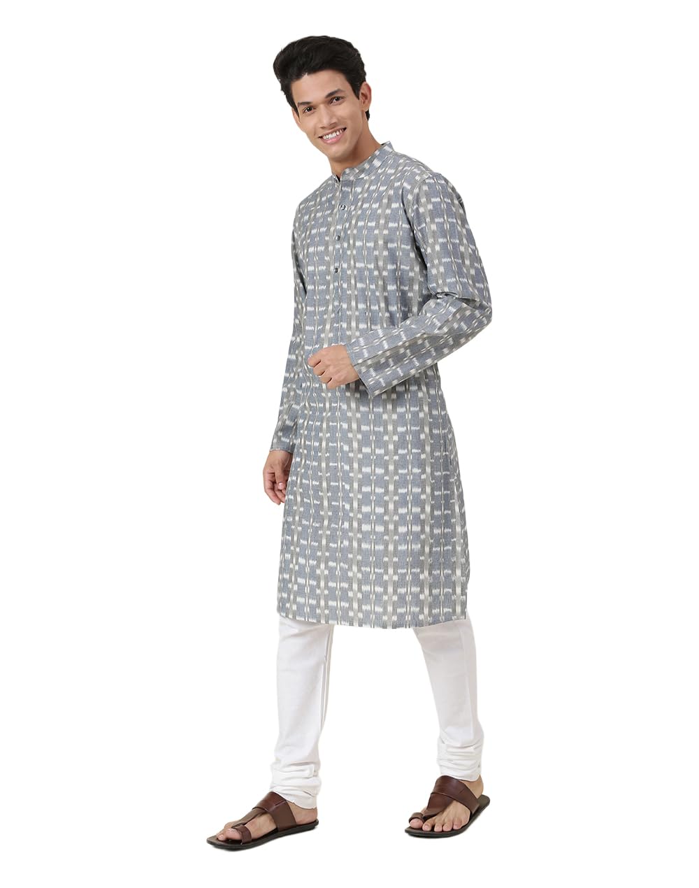 Fabindia Mens Grey Cotton Abstract Slim Fit Kurta