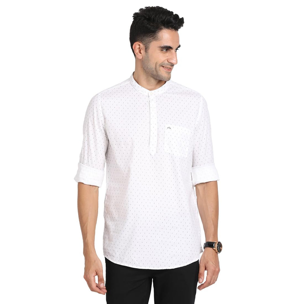 Turtle Men 100% Cotton White Printed Slim Fit Casual Kurta Shirt