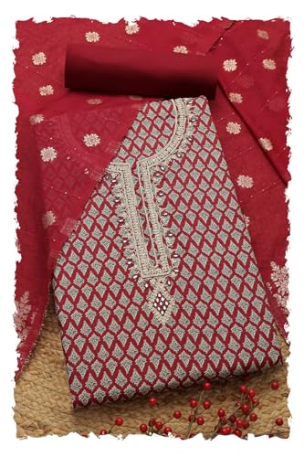 Soch Women Jam Cotton Floral Print Unstitch Dress Material with Thread Work