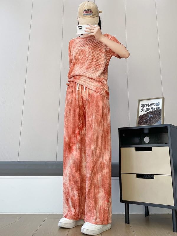 Womens Cotton Blend Tie-dye Relaxed Fit Stylish Pajama Sets || Short Sleeve Top & Long Pant Sleepwear Pjs Lounge Set Co-ords Ou