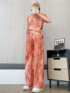 Womens Cotton Blend Tie-dye Relaxed Fit Stylish Pajama Sets || Short Sleeve Top & Long Pant Sleepwear Pjs Lounge Set Co-ords Ou