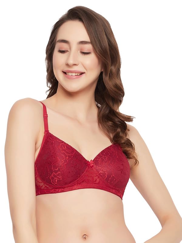 Clovia Womens Lace Padded Full Cup Wire Free Bridal T-Shirt Bra (BR1000R09_Maroon_36D)