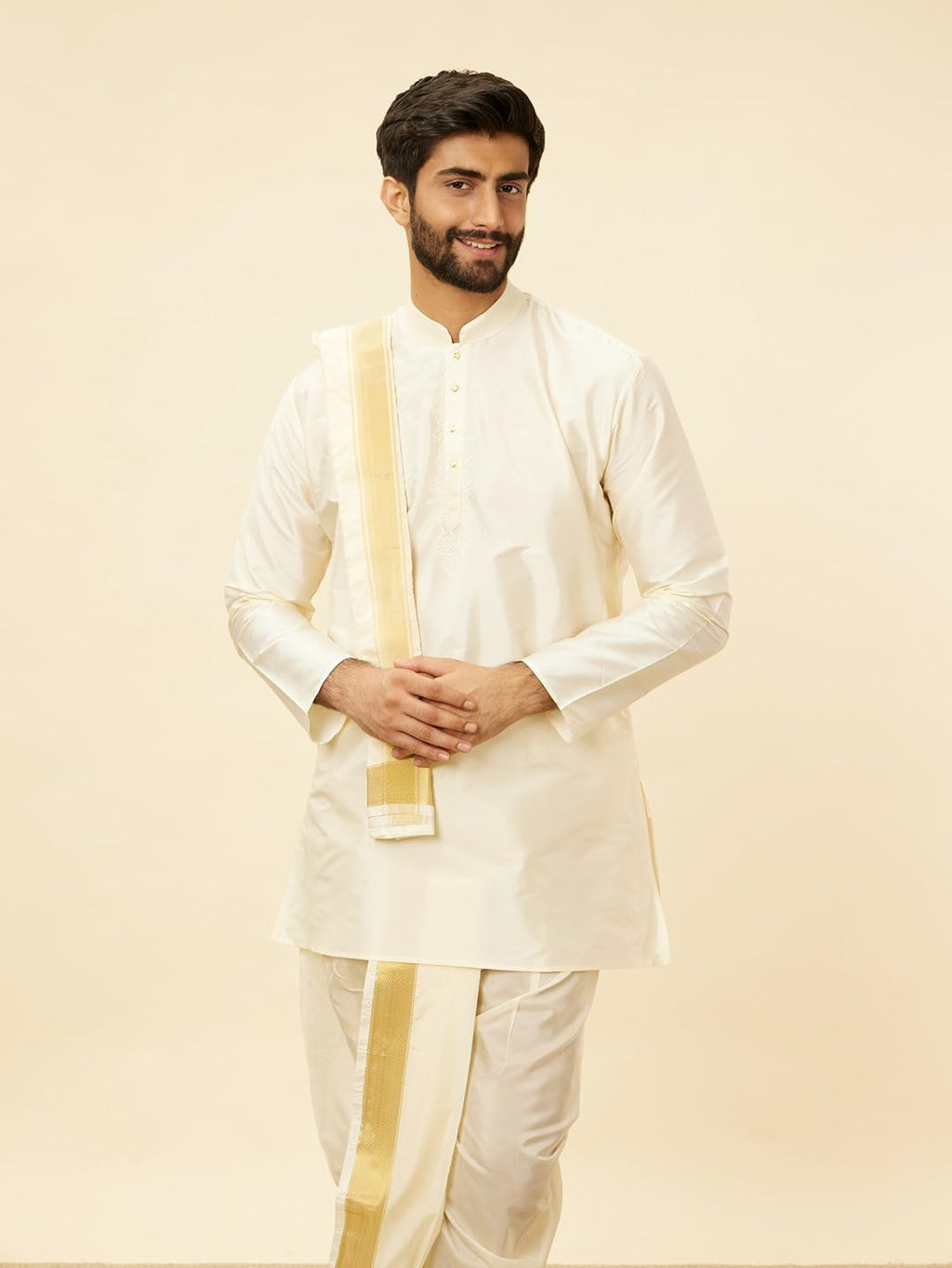 Manyavar Mens Cream Art Silk Solid Kurta Pancha Set