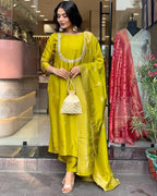 ANNI DESIGNER Womens Silk Blend Straight Embroidered Kurta with Pant & Dupatta (Deluxe GREEN-VKS01_XL_Green_X-Large)
