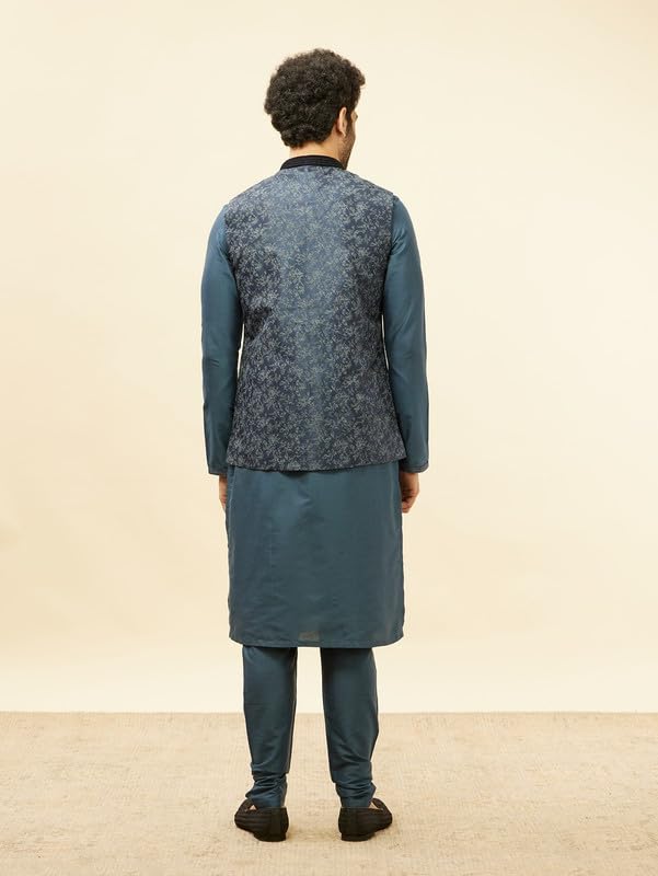 Manyavar Mens Blue Art Silk Printed Jacket