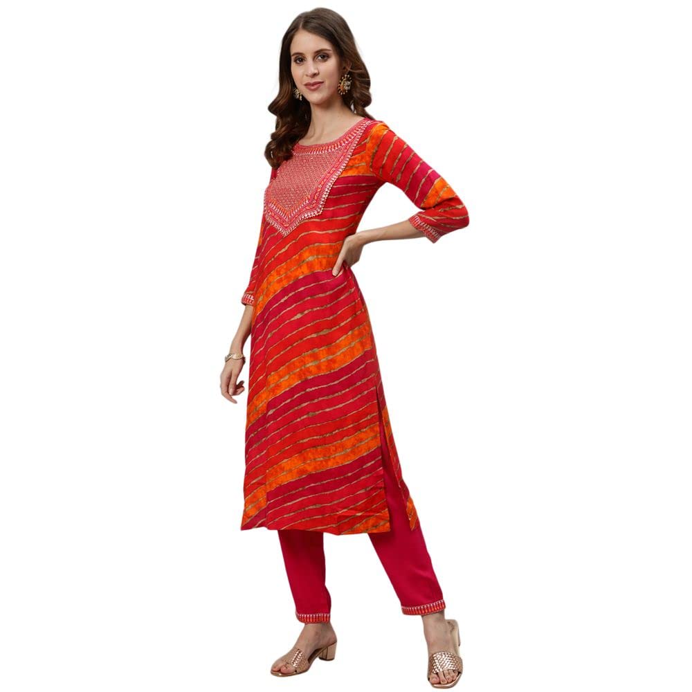 Anubhutee Rayon Leheriya Printed Festive Straight Kurta Pant Suit Set For Women