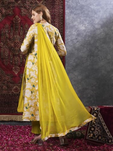 ANNI DESIGNER Womens Cotton Blend Straight Printed Kurta with Pant & Dupatta (KURU Yellow_L_Yellow_Large)