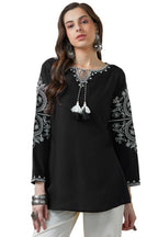 Soch Womens Black Rayon Embroidered Tunic with Tassels