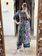 ANNI DESIGNER Womens Rayon Viscose Straight Printed Kurta with Pant (Palhar Blue_L_Blue_Large)
