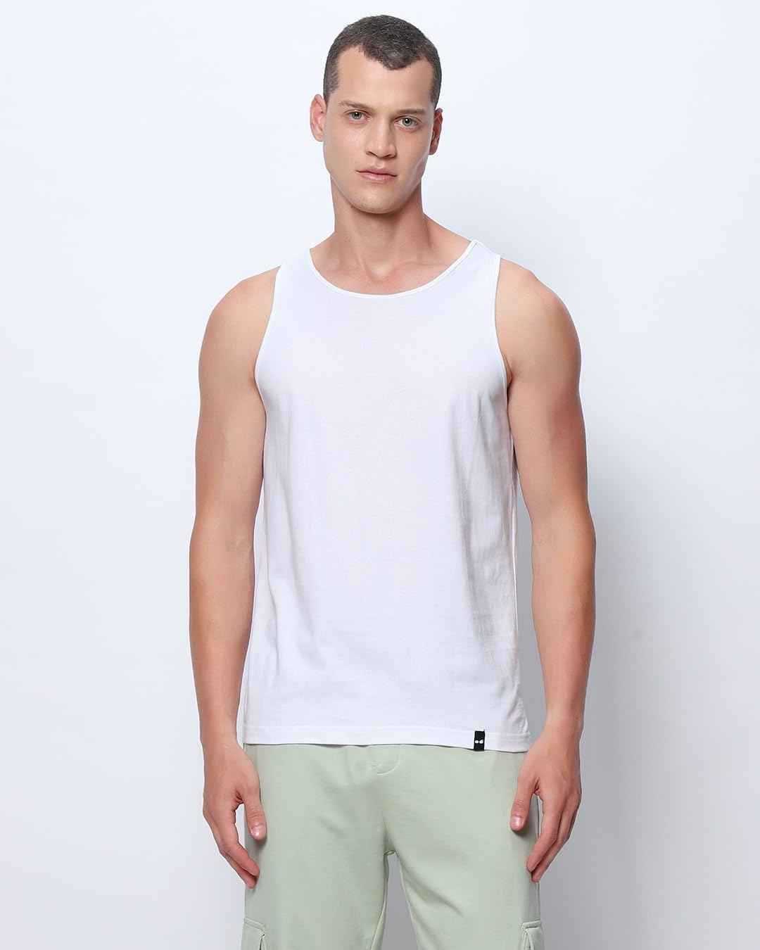 Bewakoof Mens Solid 100% Cotton Vest - Regular Fit, Round Neck, Sleeveless White