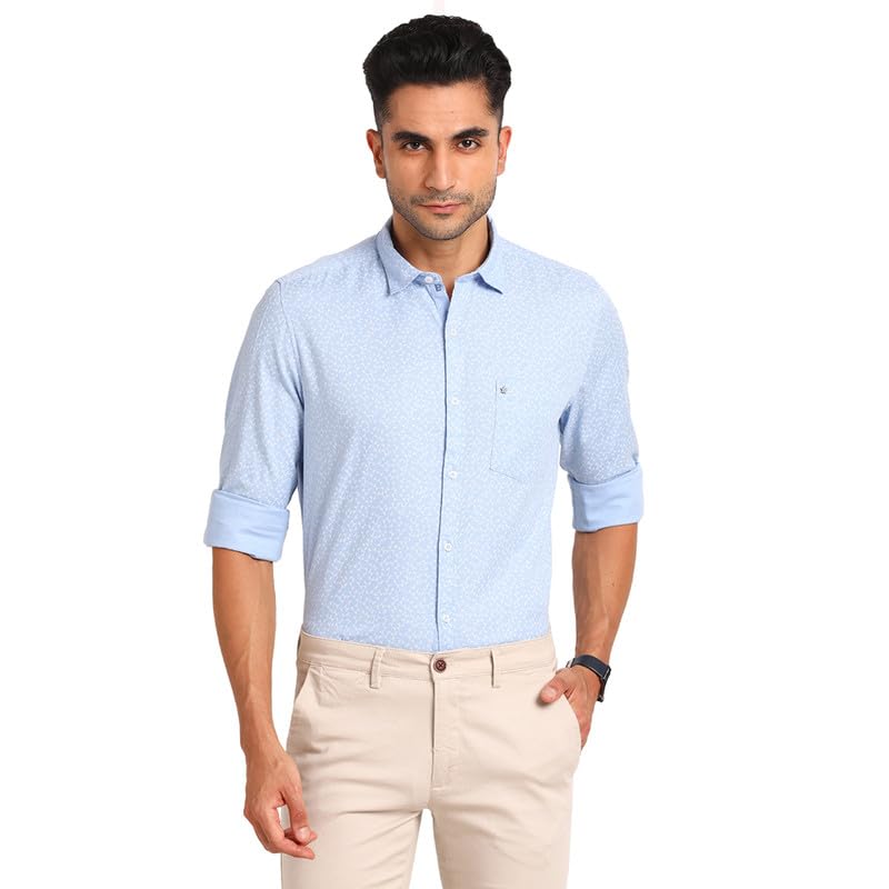 Turtle Men 100% Cotton Slim Fit Casual Printed Light Blue Shirt