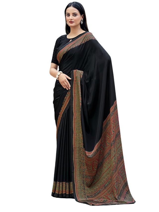 Satrani Womens Silk Crepe Printed Saree with Unstitched Blouse Piece (3441S3023N_Black1)