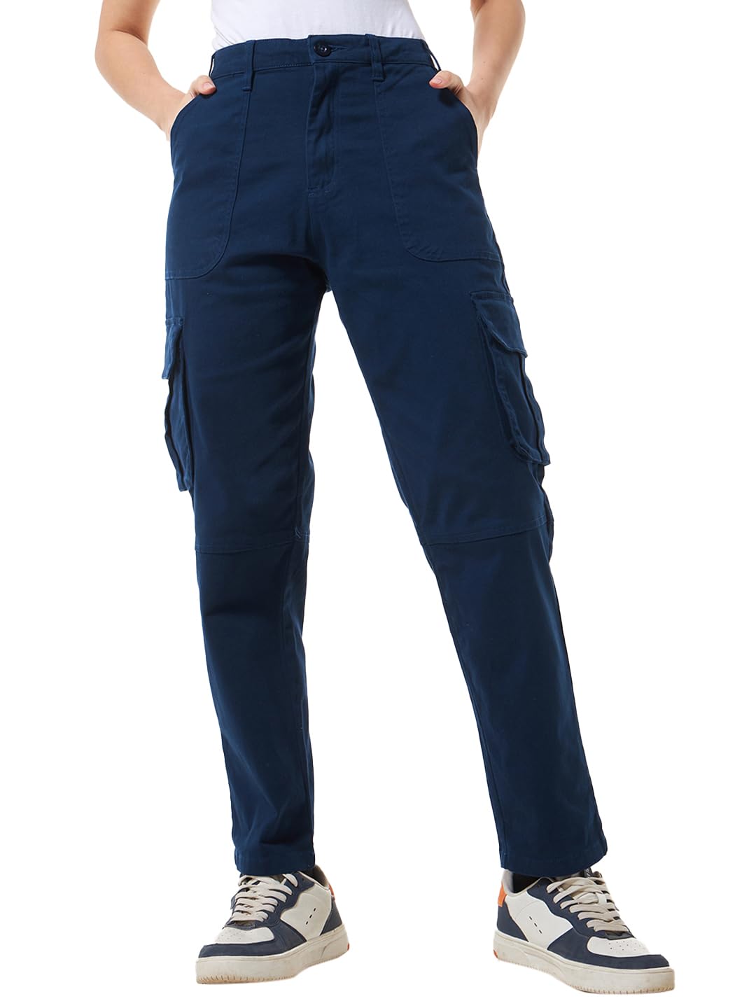 Bewakoof Womens Solid Regular Fit Cotton Blend Cargo Pants_ 620014 Blue_ 32