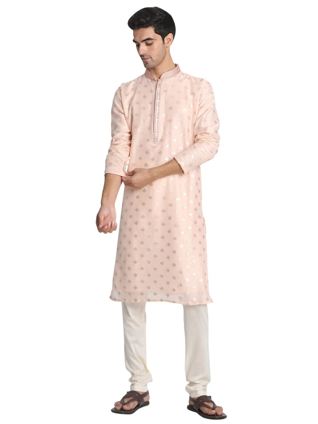 Manyavar Jacquard Print Knee Long Full Sleeves Kurta And Churidar Set For Men - (Maroon, Medium)