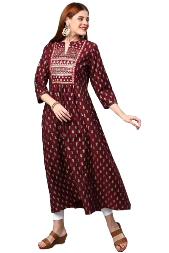 Anni Designer Women'S Cotton Blend Traditional Printed Anarkali Kurta (Relian Multi-Maroon_S_Maroon_Small)