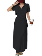 Shasmi Womens Black Solid Color Applique Lace-Up Collared Short Sleeve, Side-Tie Waist Long Casual Maxi Women Dress Outfit Long 