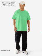 The Souled Store Solids: Spring Bud Green Drop Shoulder Short Sleeves Round Neck Cotton Oversized Baggy T-Shirts for Men and Boy