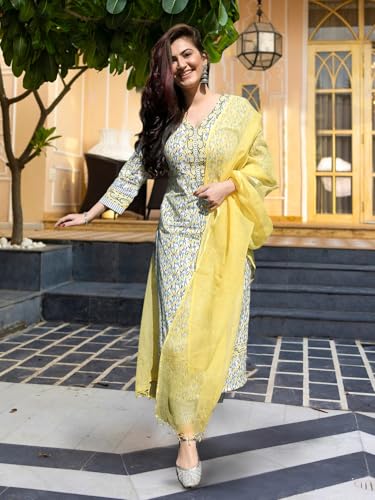 Pinkmint WomenS Hevy Cotton Blend Yellow Kurta Set L Stitched Printed Dupatta Set L Stylish Women Festival Dress (Pack Of 1)