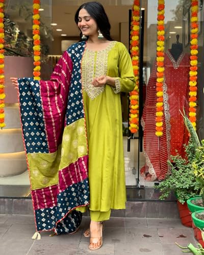 ANNI DESIGNER Womens Rayon Viscose Embroidered Anarkali Kurta with Pant & Dupatta (JENNU Mehandi_M_Mehandi_Medium)