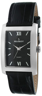 Peugeot Men's Rectangular Textured Roman Numeral Dial Classic Dress Wrist Watch with Leather Strap Band