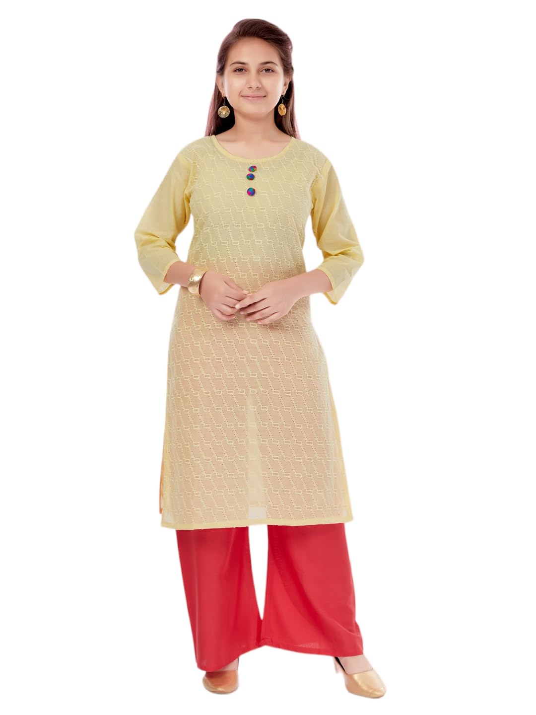 Aarika Girls Lemon Colour Cotton Embroidery Kurti (Kurti-K-181-Lemon-28)