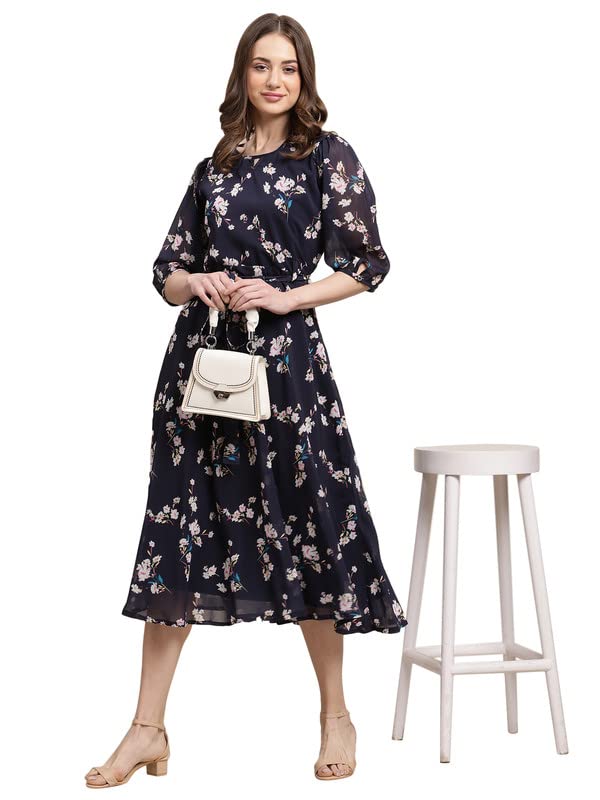 Preneum WomenS Maxi Fit & Flare Latest Style Print Georgette Regular Sleeves Casual |Summer Festival & Occasion Maxi Gown,Dark 