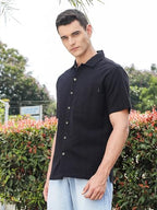Thomas Scott Mens | Stripes | Seer Sucker Fabric | Spread Collar | Half Sleeve | Casual | Shirts for Men Black
