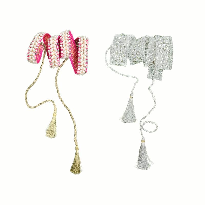 The Cool Grandmom Set Of 2 Fashionable Delicate Belts For Women | Pink Pearl Work Belt & Silver Organza Stone Word Waist Belt |  36