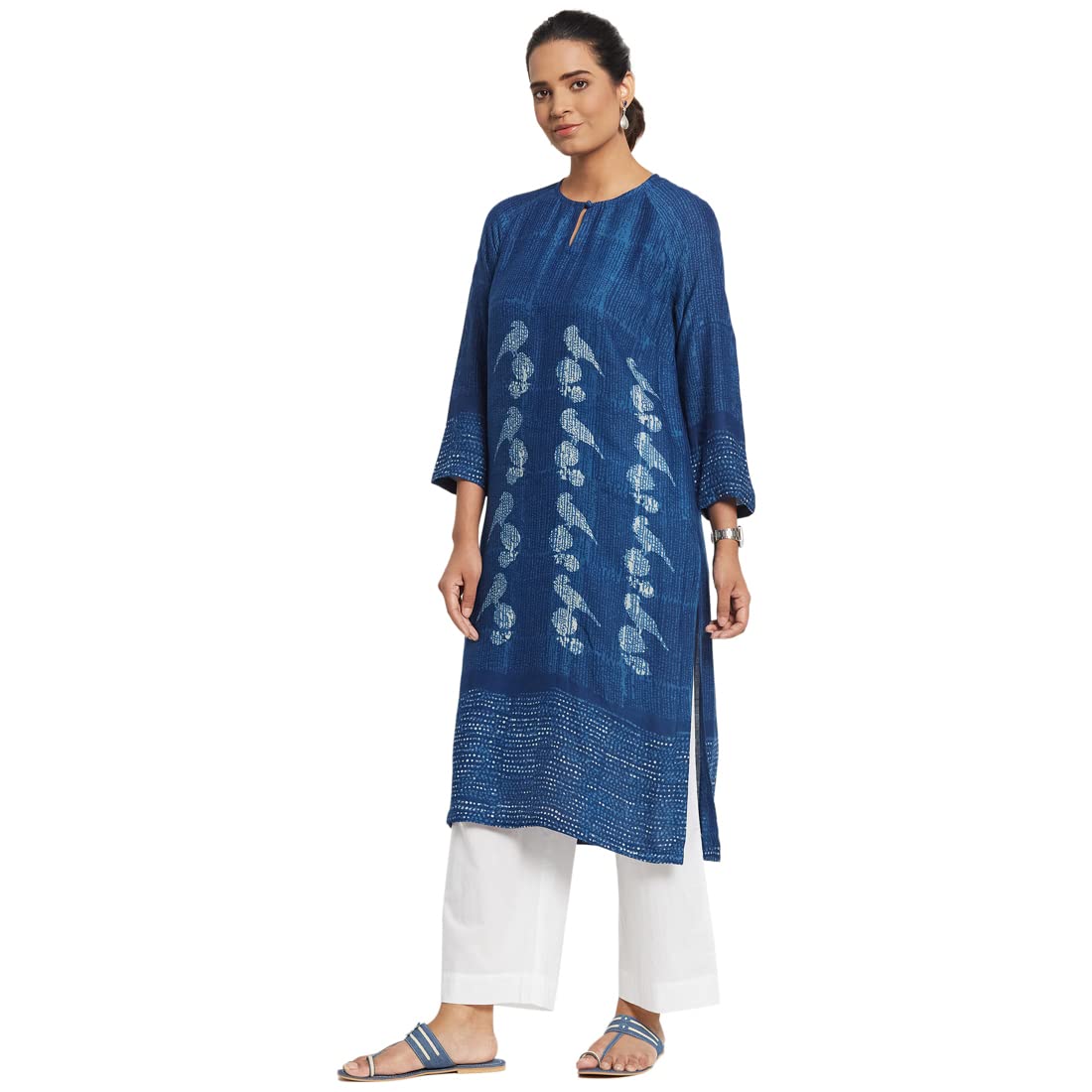 Fabindia Women Blend Printed Straight Long Kurta Viscose_Blue